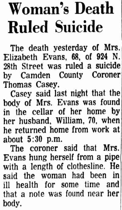 Camden Courier-Post clipping, September 7, 1967, reporting the death of Mrs. Elizabeth Evans of 924 North 28th Street