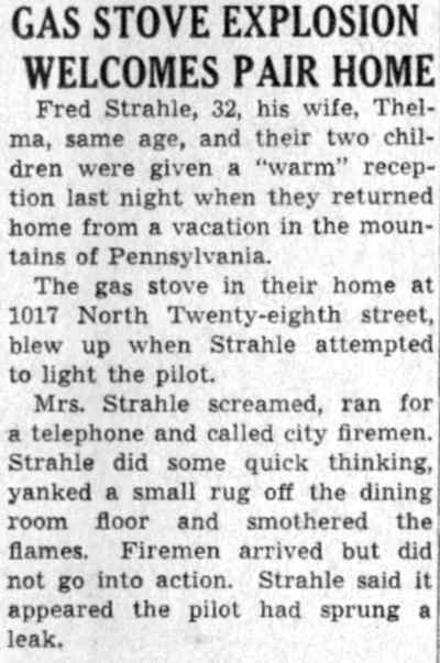 Camden Courier-Post clipping, July 31, 1941, reporting a gas stove explosion at 1017 North 28th Street