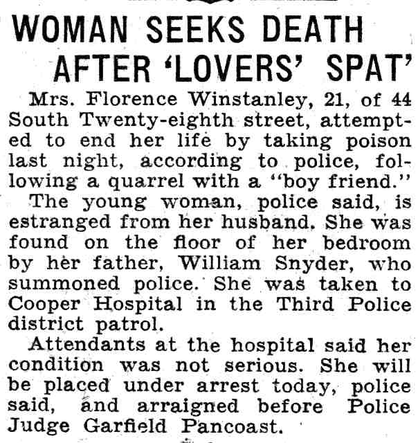 Camden Courier-Post clipping, June 18, 1932, reporting Florence Winstanley of 44 South 28th Street