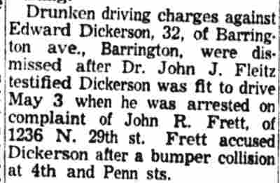 Camden Courier-Post clipping reporting drunk driving charges against Edward Dickerson were dismissed, May 20, 1955