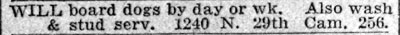 Classified advertisement: Will board dogs by day or week, also wash and stud services, 1240 N. 29th, Camden, June 12, 1933
