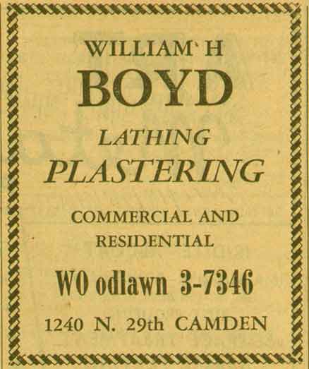Advertisement for William H. Boyd, Lathing and Plastering, 1240 N. 29th Camden, from the 1955 New Jersey Bell Yellow Pages