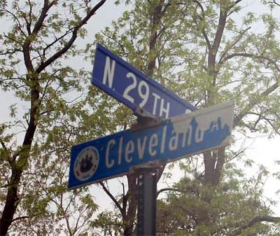 Street sign at the southwest corner of North 29th Street and Cleveland Avenue, May 11, 2007