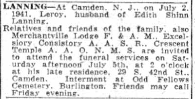 Death notice for Leroy Lanning of Camden, Camden Courier-Post, July 4, 1941