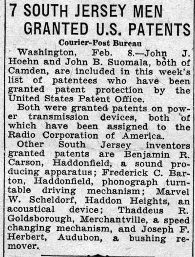 Camden Courier-Post clipping reporting seven South Jersey men granted U.S. patents, including John J. Hoehn of Camden, February 11, 1938
