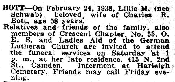 Death notice for Mrs. Lillie M. Bott, Camden Courier-Post, February 25, 1938