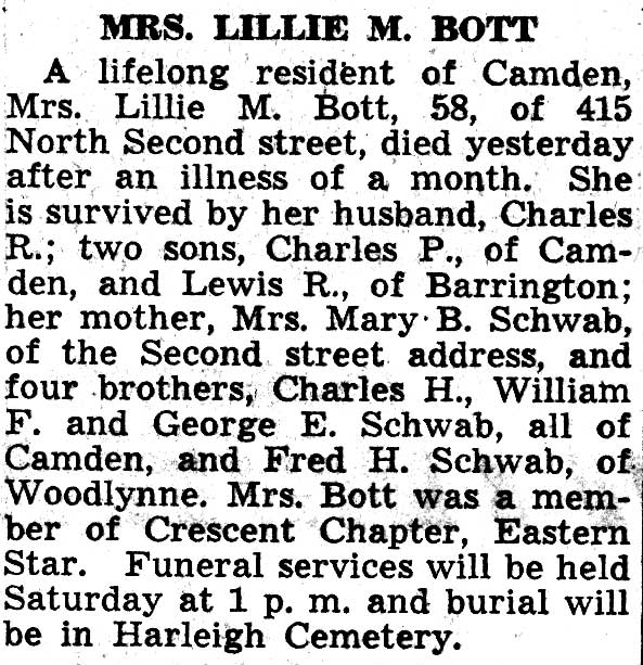 415 North 2nd Street — Mrs. Lillie M. Bott obituary, Camden Courier-Post, February 25, 1938