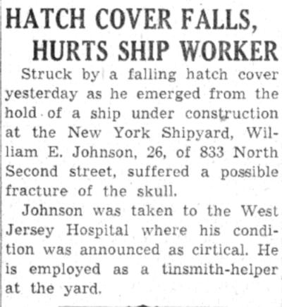 833 North 2nd Street — Hatch Cover Falls, Hurts Ship Worker, Camden Courier-Post, July 22, 1941