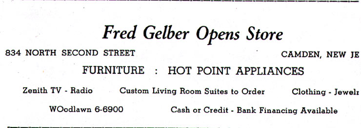 834 North 2nd Street — Fred Gelber Opens Store advertisement, Camden Courier-Post, 1961