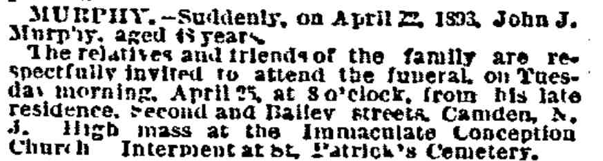914 North 2nd Street, John J. Murphy bar, Philadelphia Inquirer, April 25, 1893