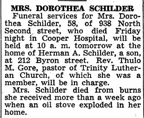 Camden Courier-Post, February 21, 1938 — Mrs. Dorothea Schilder funeral notice
