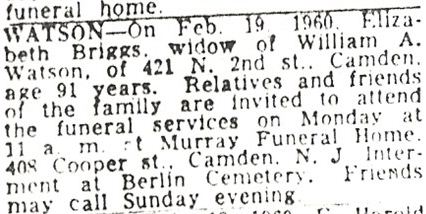421 North 2nd Street — Elizabeth Briggs Watson death notice, Camden Courier-Post
