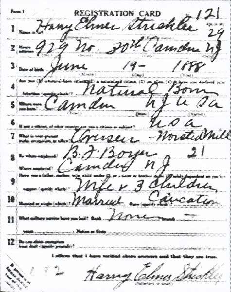 Henry E. Strickler — World War I draft registration card, 1917
