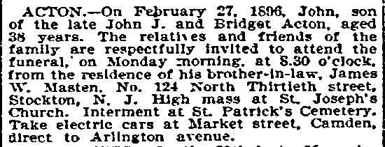 Acton obituary — Philadelphia Inquirer, March 1, 1896