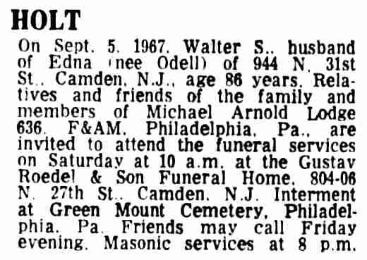 Holt death notice, Camden Courier-Post, September 7, 1967