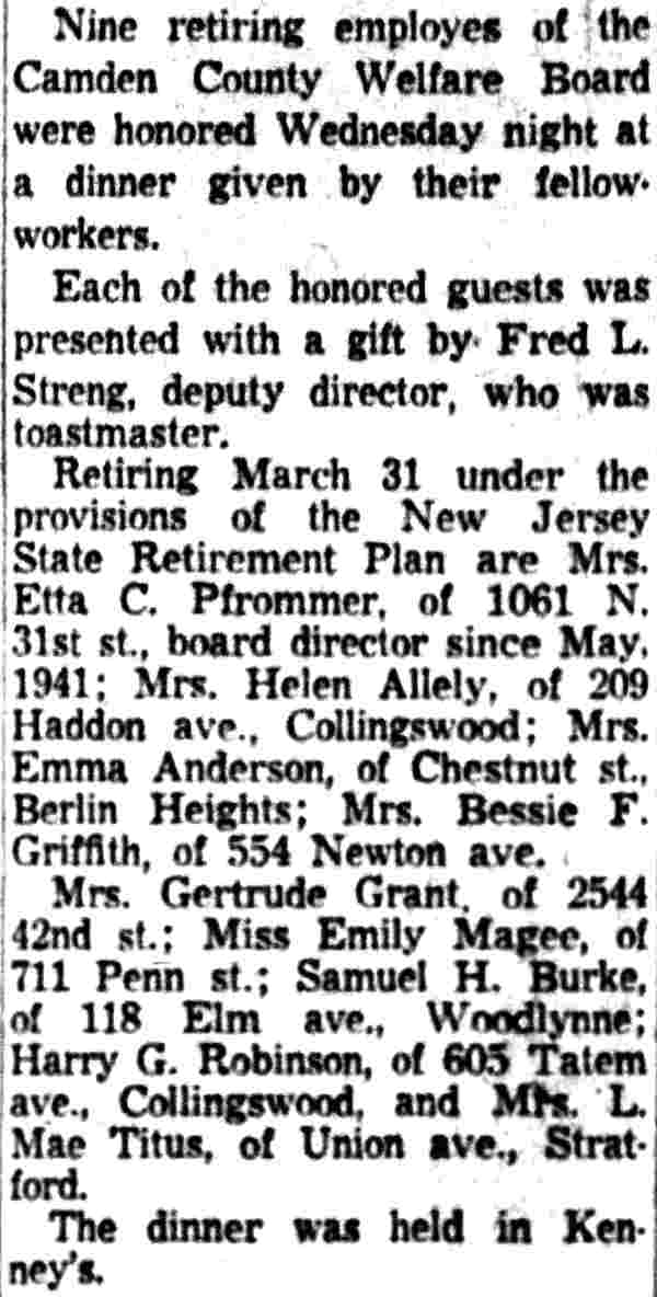 Camden County Welfare Board retirement dinner notice, Camden Courier-Post, February 2, 1956