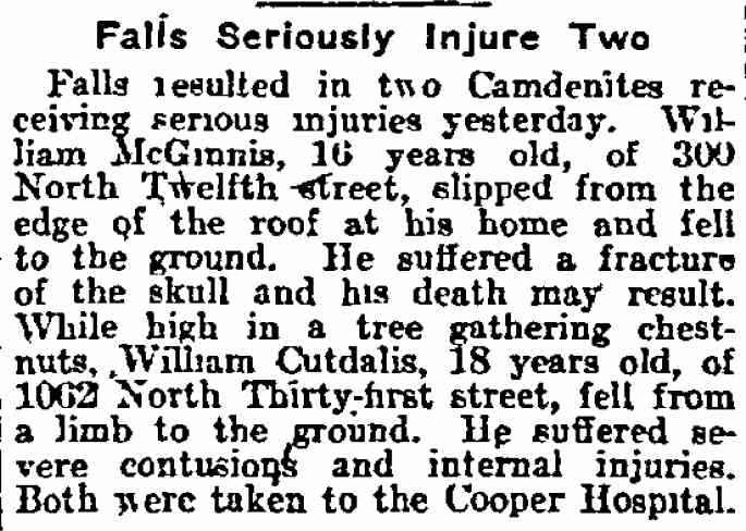 Philadelphia Inquirer, October 17, 1912 — Falls Seriously Injure Two