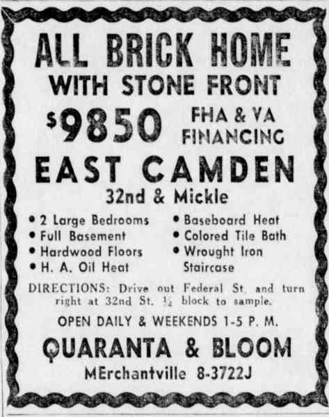 1954 real estate advertisement for new East Camden homes (Quaranta & Bloom)