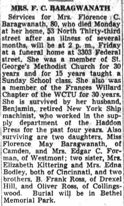 Mrs. Florence C. Baragwanath obituary, 53 North 33rd Street
