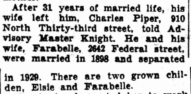 Wife Spiritualist, Man Asks Divorce — Charles Piper case, 910 North 33rd Street