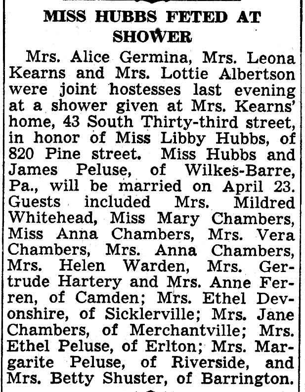 Miss Hubbs Feted at Shower, Camden Courier-Post, February 19, 1938