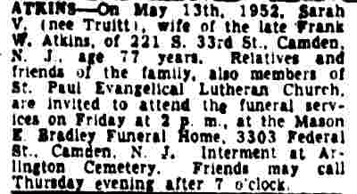 Sarah V. Atkins death notice, 221 South 33rd Street, 1952