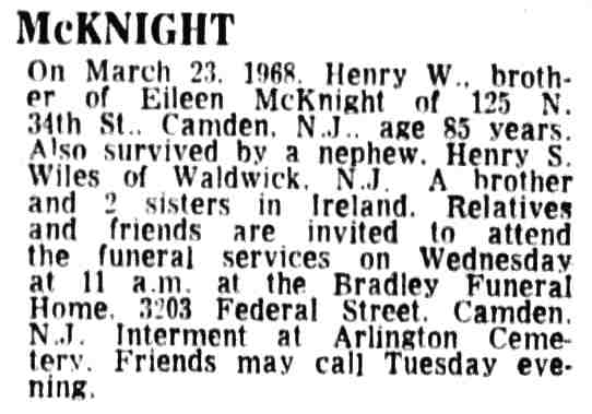 125 North 34th Street — Henry W. McKnight family, Camden Courier-Post March 26, 1968