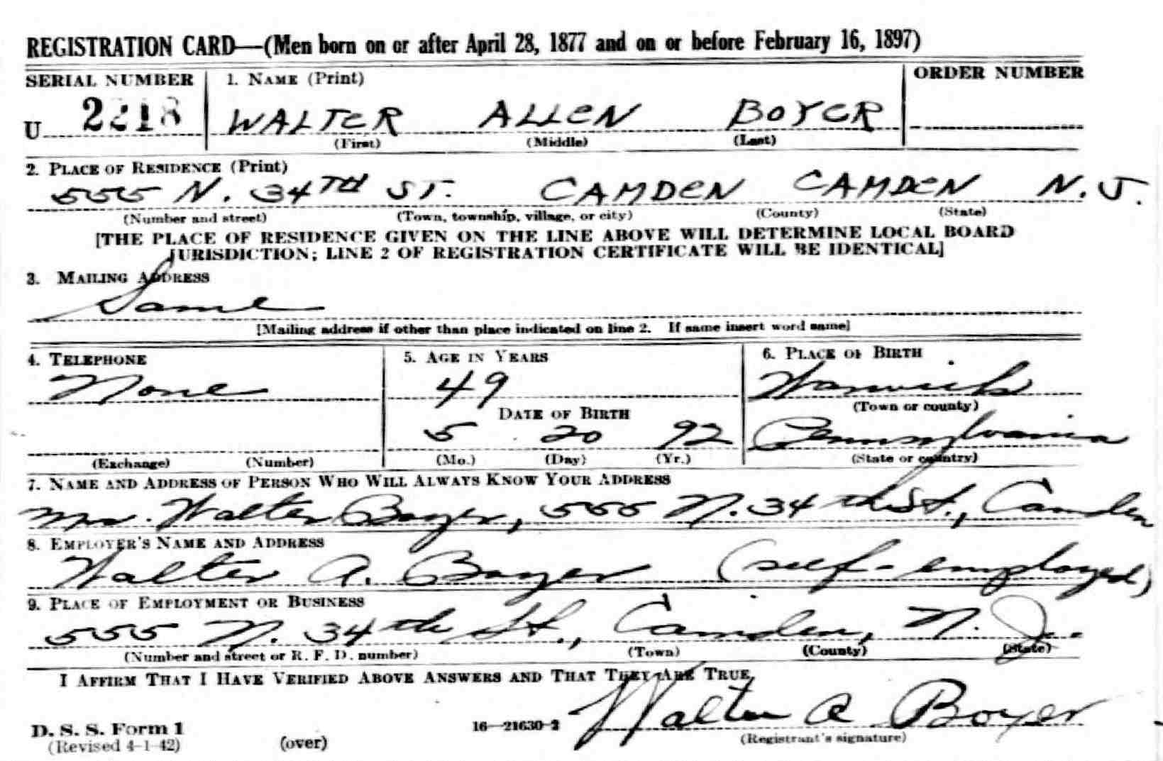 551 North 34th Street — Walter Allen Boyer World War II discharge certificate