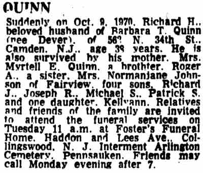 562 North 34th Street — Richard H. Quinn family, Camden Courier-Post October 9, 1970