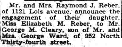 Engagement of Miss Elizabeth M. Reber announced — Camden Courier-Post, May 17, 1941