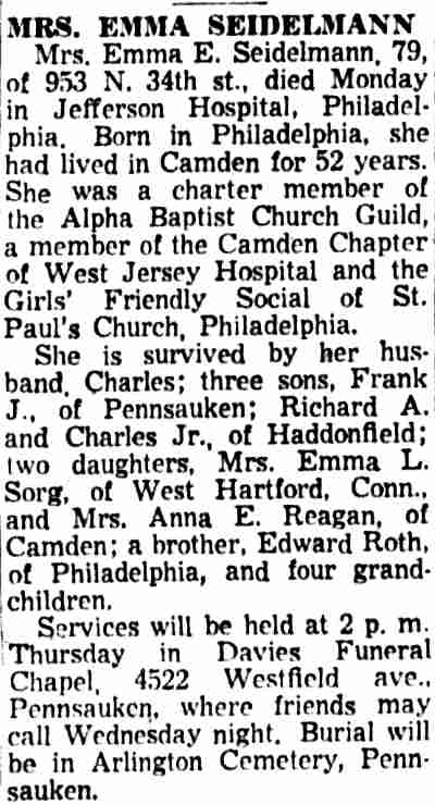 953 North 34th Street — Charles Seidelmann family, Camden Courier-Post March 26, 1957