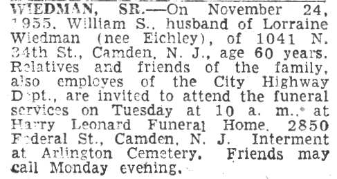 1041 North 34th Street — Wiedman family, Camden Courier-Post November 25, 1955