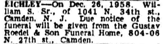 1041 North 34th Street — Eichley/Wiedman family, Camden Courier-Post December 27, 1958