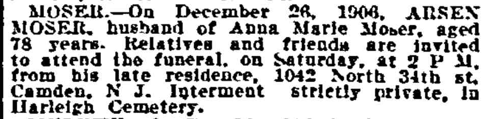 1042 North 34th Street — Arsen Moser family, Philadelphia Inquirer December 28, 1906