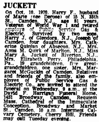 Harry F. Juckett obituary, Camden Courier-Post, October 9, 1970