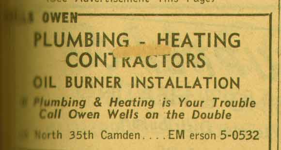 Owen Wells Plumbing & Heating Contractors, 15 North 35th Street, 1955 Yellow Pages ad