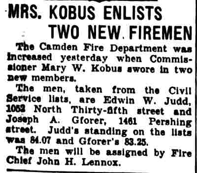 Newspaper article: Mrs. Kobus swears in two new firemen, including Joseph Gfrorer of 1461 Pershing Street