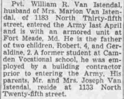 Pvt. William R. Van Istendal article headline, Camden Courier-Post, October 10, 1944