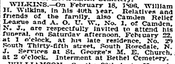 Wilkins obituary, Philadelphia Inquirer, February 21, 1896
