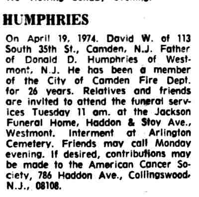 David W. Humphries obituary, Camden Courier-Post, April 20, 1974