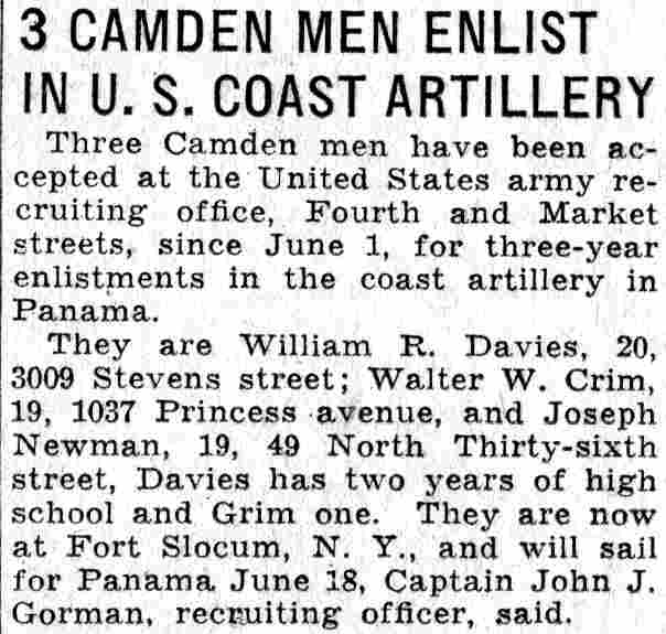 3 Camden Men Enlist in U.S. Coast Artillery, Camden Courier-Post, June 8, 1932