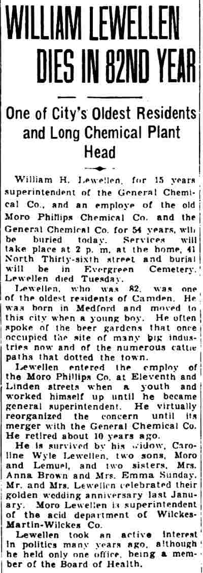William Lewellen Dies in 82nd Year, Camden Courier-Post, May 9, 1930