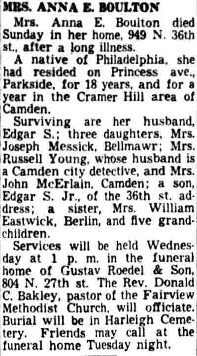 Obituary for Mrs. Anna E. Boulton, Camden Courier-Post, February 2, 1953
