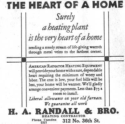 Advertisement for H. A. Randall & Bro., Heating Contractor, 312 N. 36th St., Camden Courier-Post, September 12, 1929