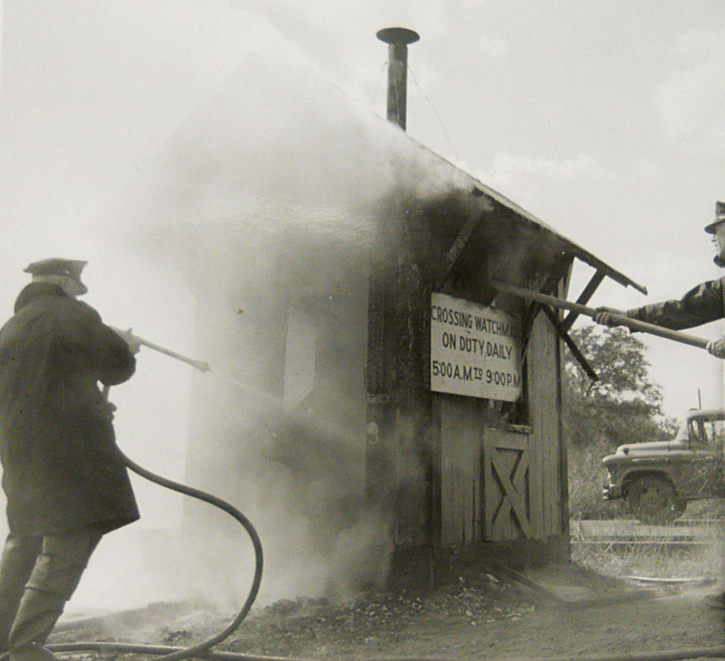 Camden Fire Department at the railroad crossing guard shack, sometime after 1956, photo 2