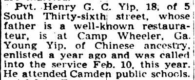 Caption for Henry G. C. Yip, Camden Courier-Post, May 8, 1944