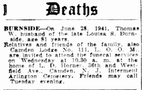 Thomas W. Burnside death notice, Camden Courier-Post, July 1, 1941