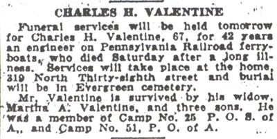 Charles H. Valentine obituary — Camden Courier-Post, April 14, 1930