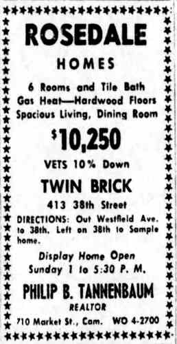 Rosedale Homes advertisement — Twin Brick, 413 38th Street, Camden, 1954