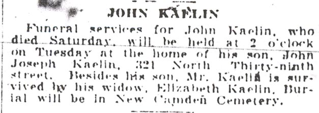 John Kaelin obituary notice, Courier-Post, February 2, 1931